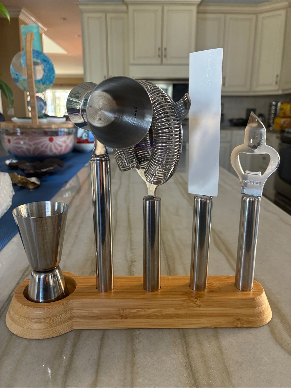 Stainless Steel Bar Tool Set with Bamboo Stand - Silver great for Father’s Day